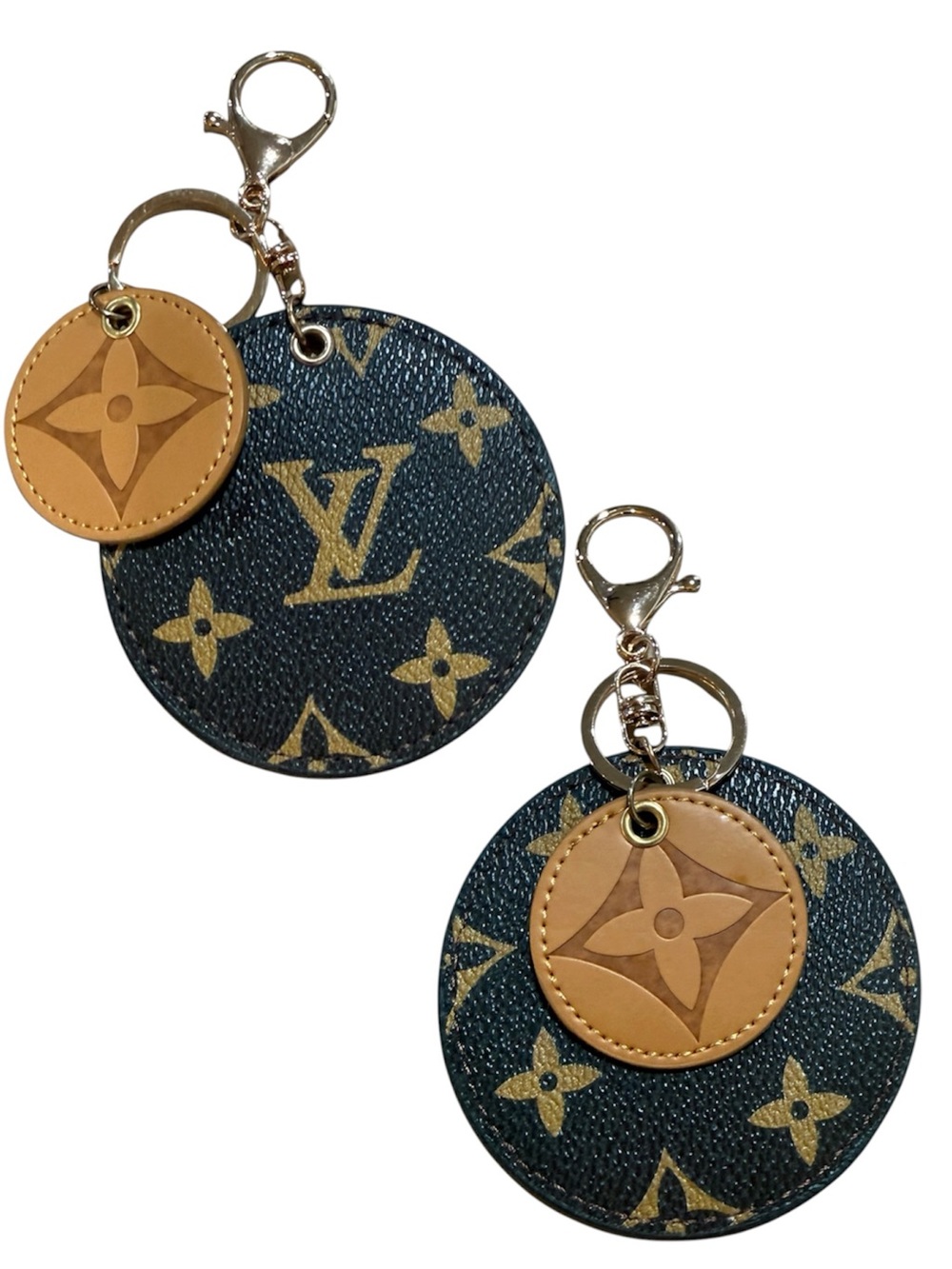 Fashion Monogram Round Keychain Charm in Brown (One Keychain) Showing both sides